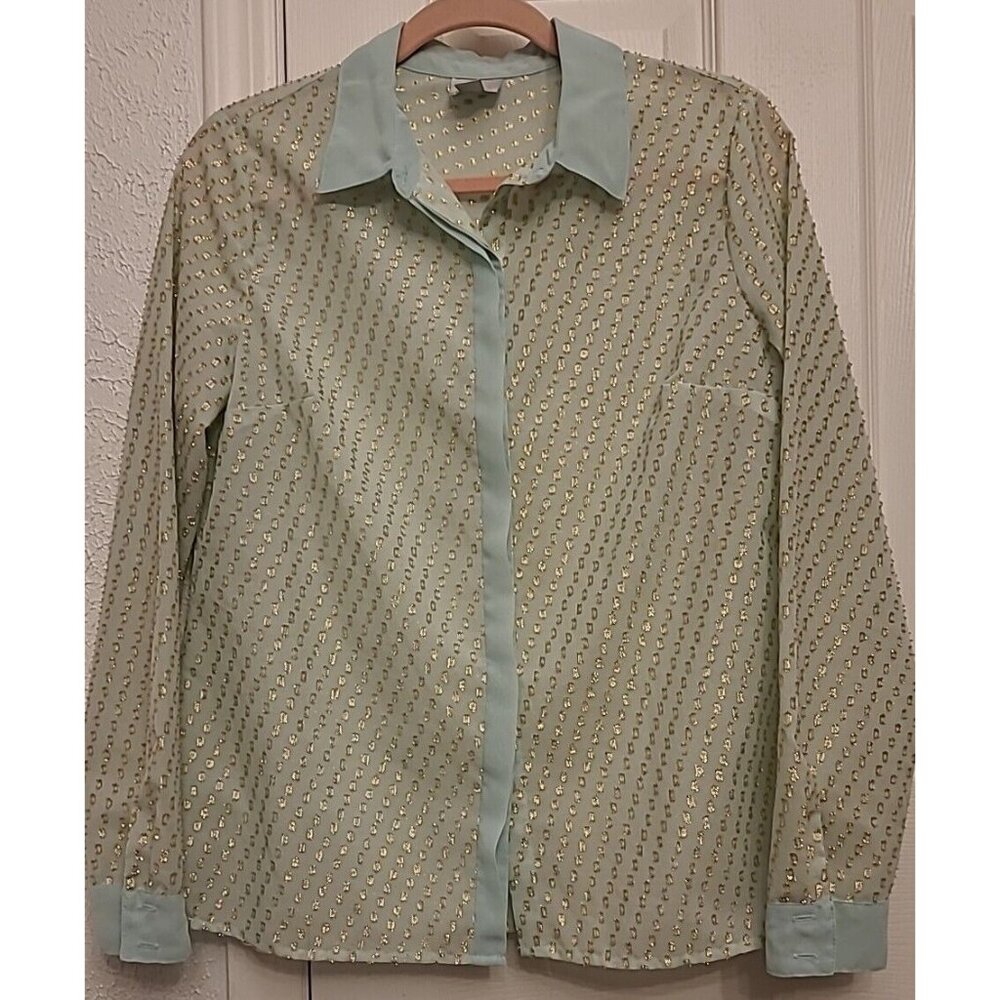 Worthington Shirt Womens MED Mint Green & Gold Button Up METALLIC Long Sleeve